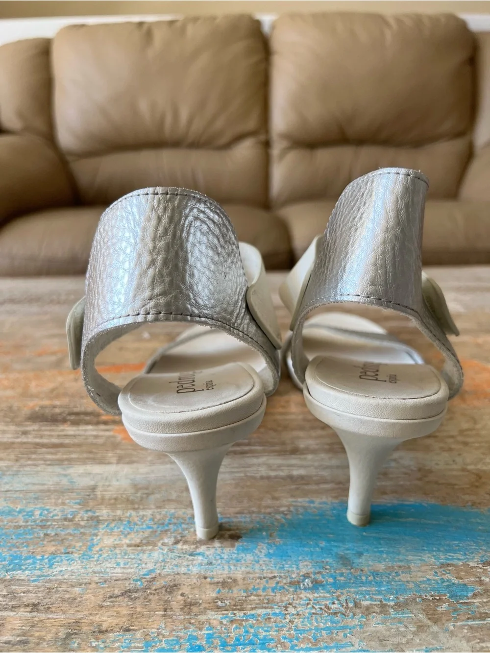 Pedro Garcia Silver and Cream Two-Strap Heeled Sandal Size 40.5/10 1/2